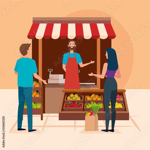 seller man with clients design, shop store market shopping commerce retail buy and paying theme Vector illustration