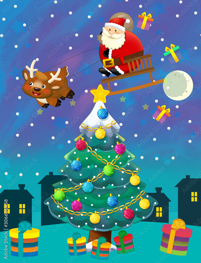 cartoon happy scene with christmas tree and flying santa claus - illustration for children
