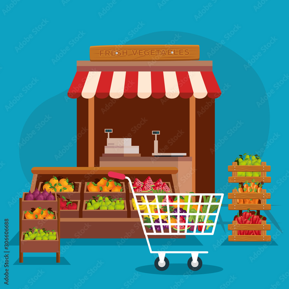 Fruits and vegetables shop design, Store market shopping commerce retail buy and paying theme Vector illustration