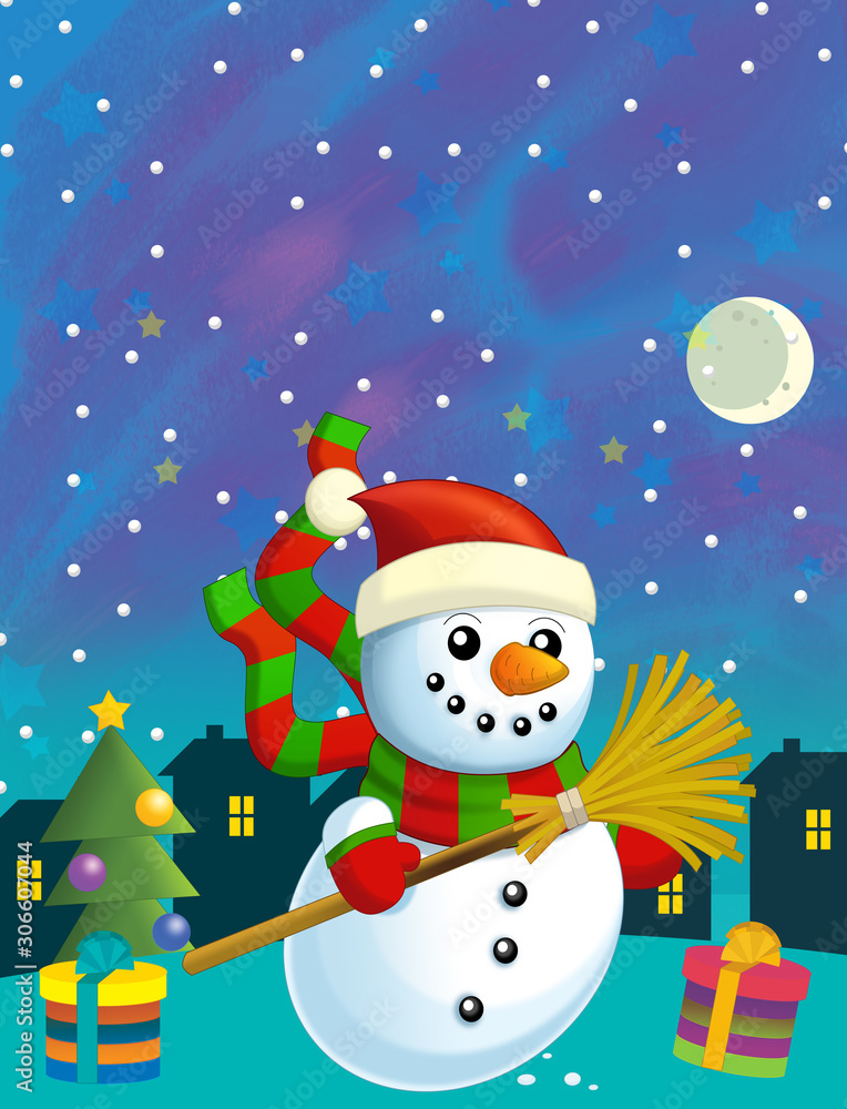 cartoon happy and funny scene with snowman and christmas tree - illustration for children cartoon happy and funny scene with snowman and christmas tree - illustration for children