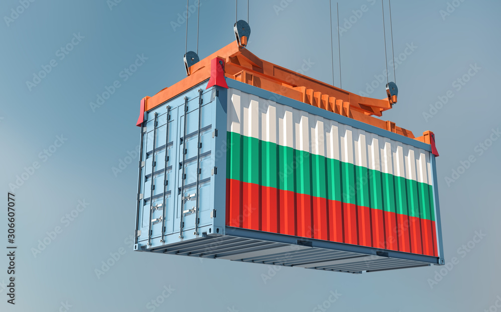 Freight container with Bulgaria national Flag design hanging on a spreader - 3D Rendering