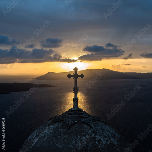 Santorini Sunset Church Dome Cross sea clouds island
