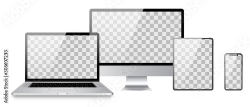 Set of computer, laptop, tablet and phone in realistic vector style.