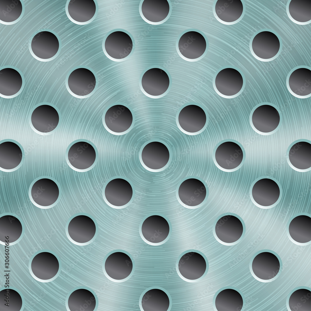 Abstract shiny metal background in light blue color with circular brushed texture and round holes