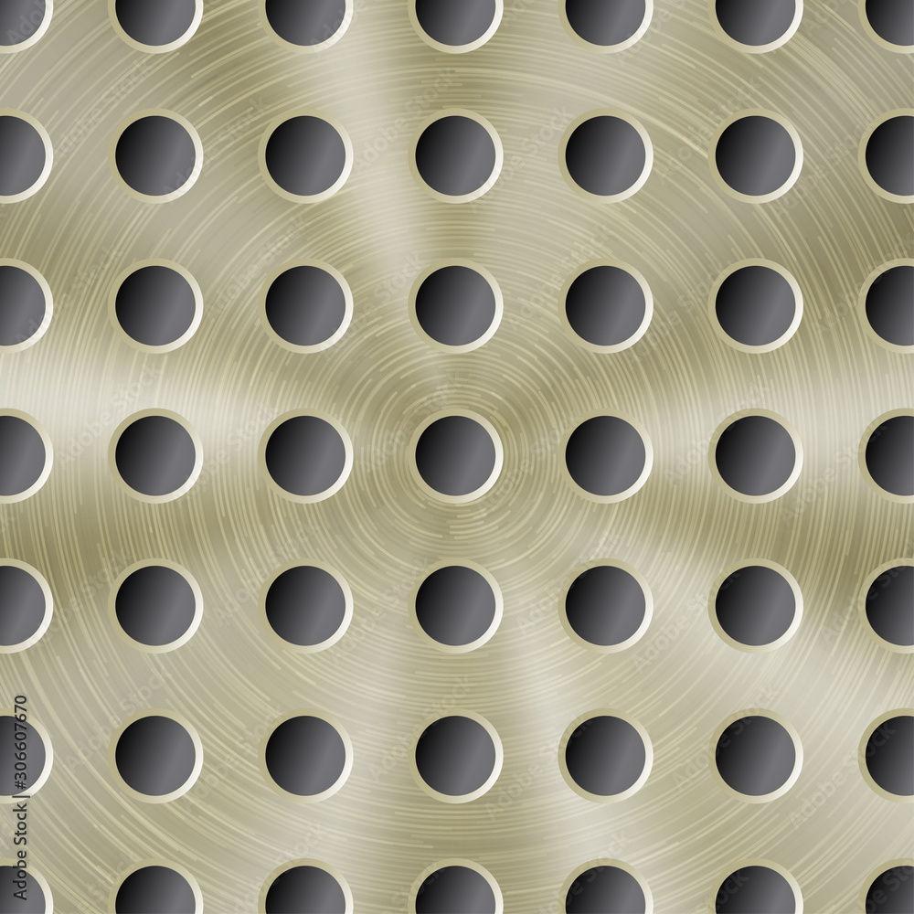 Abstract shiny metal background in golden color with circular brushed texture and round holes Abstract shiny metal background in golden color with circular brushed texture and round holes