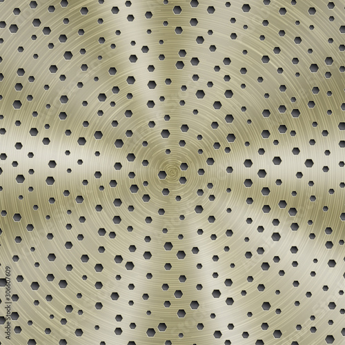 Abstract shiny metal background in golden color with circular brushed texture and hexagonal holes