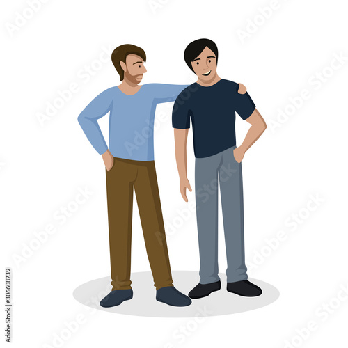 Men friends, in cartoon style. One man hugs another by the shoulder. Support, love, respect, friendship, partnership.