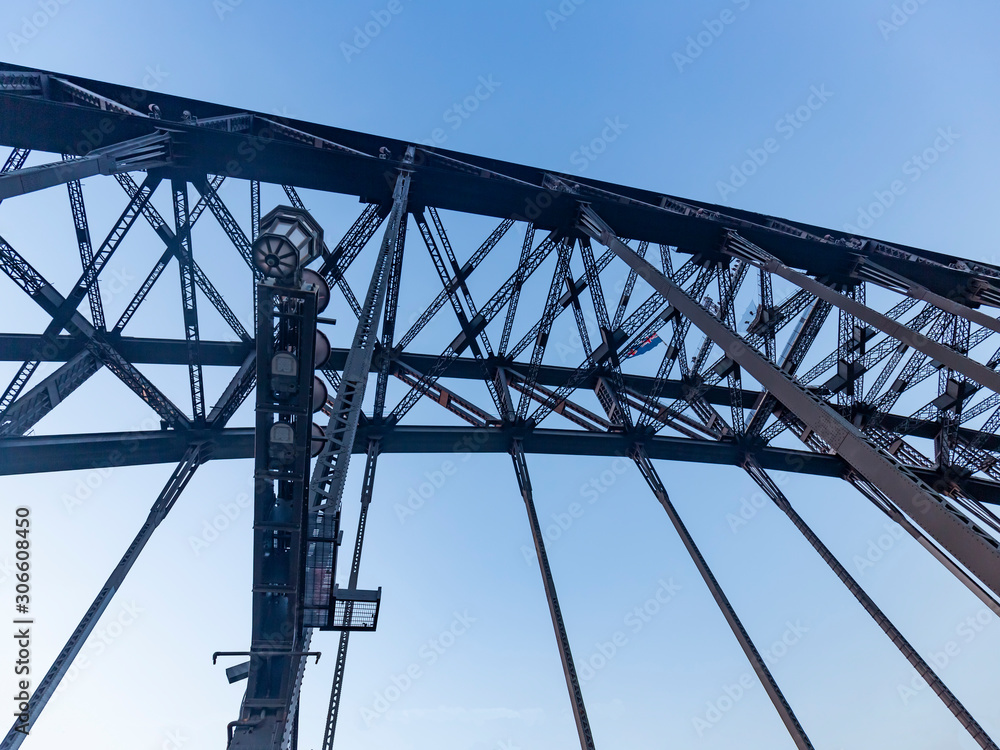 View of Sydney Harbour Bridge structure from the walkway during late afternoon in Sydney, Australia View of Sydney Harbour Bridge structure from the walkway during late afternoon in Sydney, Australia