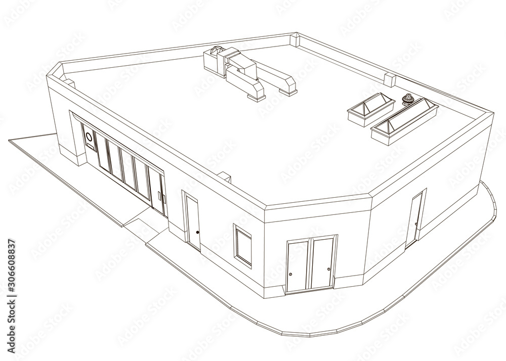 The contour of the building from black lines Isolated on a white background. View isometric. Vector illustration The contour of the building from black lines Isolated on a white background. View isometric. Vector illustration