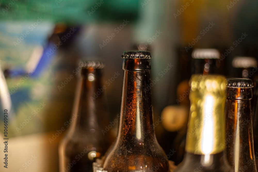 Bottles of beer. Glass bottles in the bar.