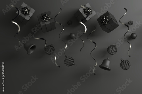 3d rendering of christmas gifts and presents. Gift boxes,christmas and new year ornaments on black background.  Falling gift box,  valentine's day celebrate, Top view, greeting card. Copy scape. © Berk
