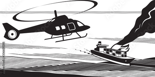 Rescue helicopter approach maritime accident - vector illustration