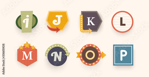Retro font. Letters on vintage style. Retro signs. Alphabet. Vintage label, emblem and logo. Vector illustration 