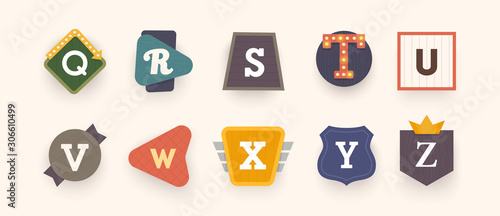 Retro font. Letters on vintage style. Retro signs. Alphabet. Vintage label, emblem and logo. Vector illustration 