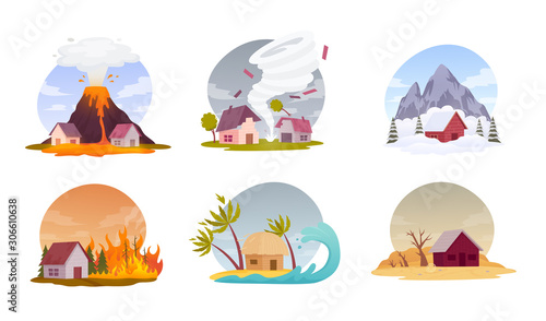 Natural disasters. Collection images with cataclysms volcanic eruption, hurricane, snow avalanche, forest fire, flood and drought. Isolated vector illustration