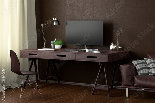 Desk with computer monitor. Workplace in the studio or at home with brown wall. Clipping path around display. 3d illustration © dimamoroz