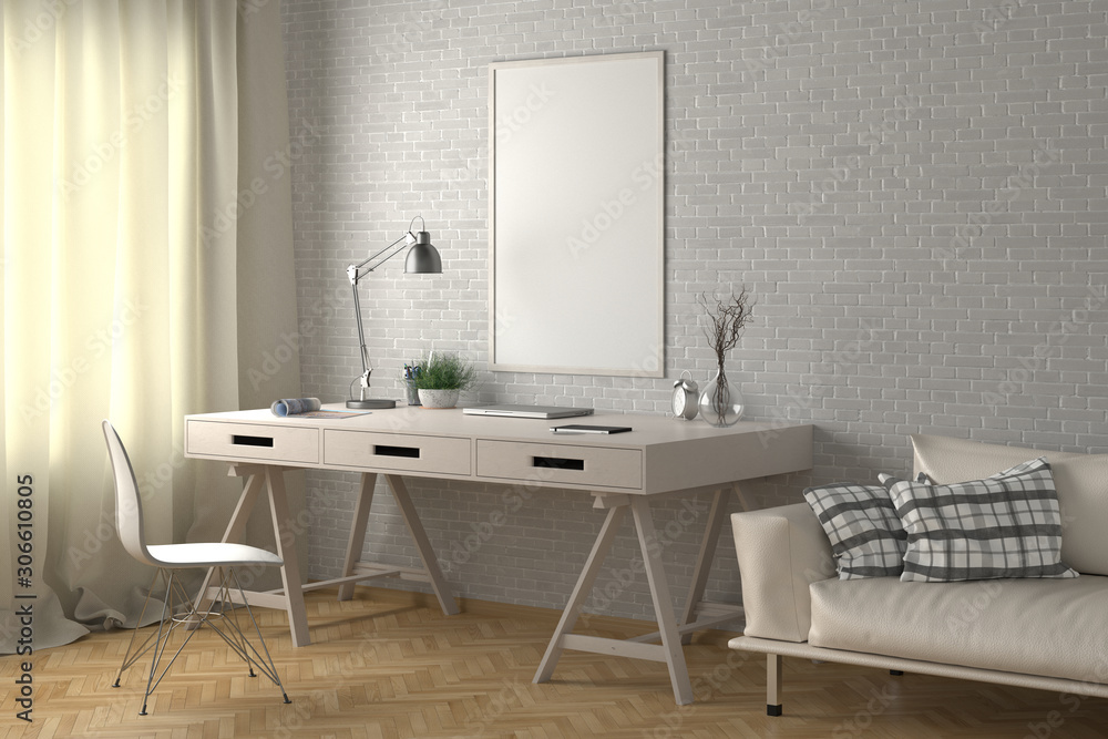 Workspace with vertical poster mock up on white brick wall. Desk with drawers in interior of the studio or at home. Clipping path around poster. 3d illustration.