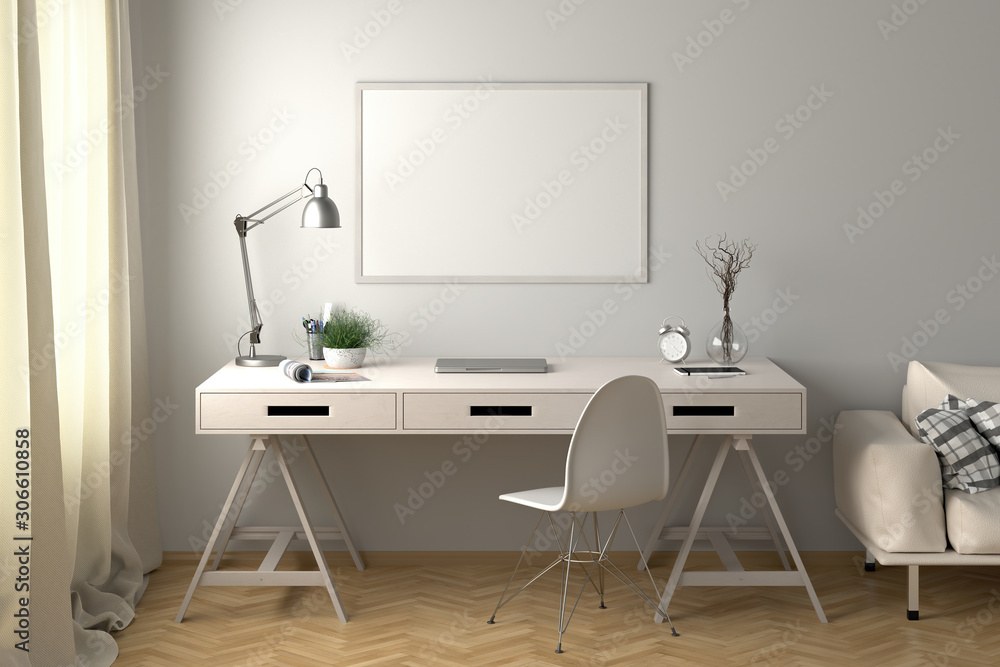 Workspace with horizontal poster mock up on the white wall. Desk with drawers in interior of the studio or at home. Clipping path around poster. 3d illustration.
