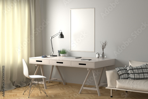 Workspace with vertical poster mock up on white wall. Desk with drawers in interior of the studio or at home. Clipping path around poster. 3d illustration. © dimamoroz