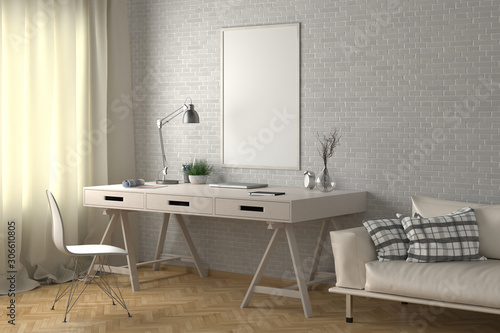 Workspace with vertical poster mock up on white brick wall. Desk with drawers in interior of the studio or at home. Clipping path around poster. 3d illustration. © dimamoroz