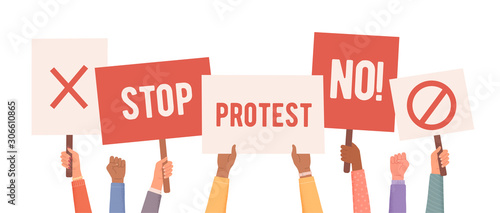 People protest. Hands holding posters. People with posters protest. Collection of hands holding empty signs. Vector illustration