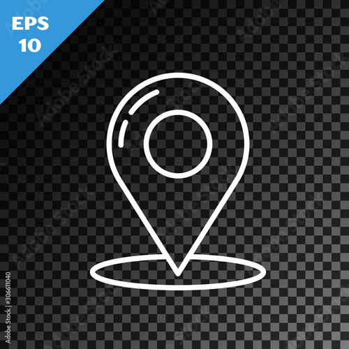 White line Map pin icon isolated on transparent dark background. Navigation, pointer, location, map, gps, direction, place, compass, contact, search concept. Vector Illustration