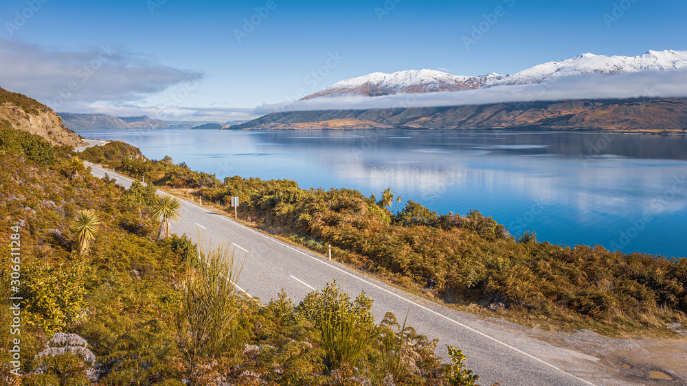 Awesome. view of Lake Wanaka and the road running along the western shore, South Island, New Zealand