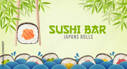Sushi bar ads. Sushi and rolls poster, horisontal flyer. Realistic vector illustration