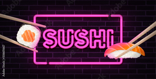 Sushi Bar neon sing. Sushi banner, logo, emblem and label. Bright signboard, light banner. Vector illustration.