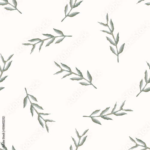 Watercolor Stem Leaf Motif  Background. Seamless Pattern Sage Green on White....