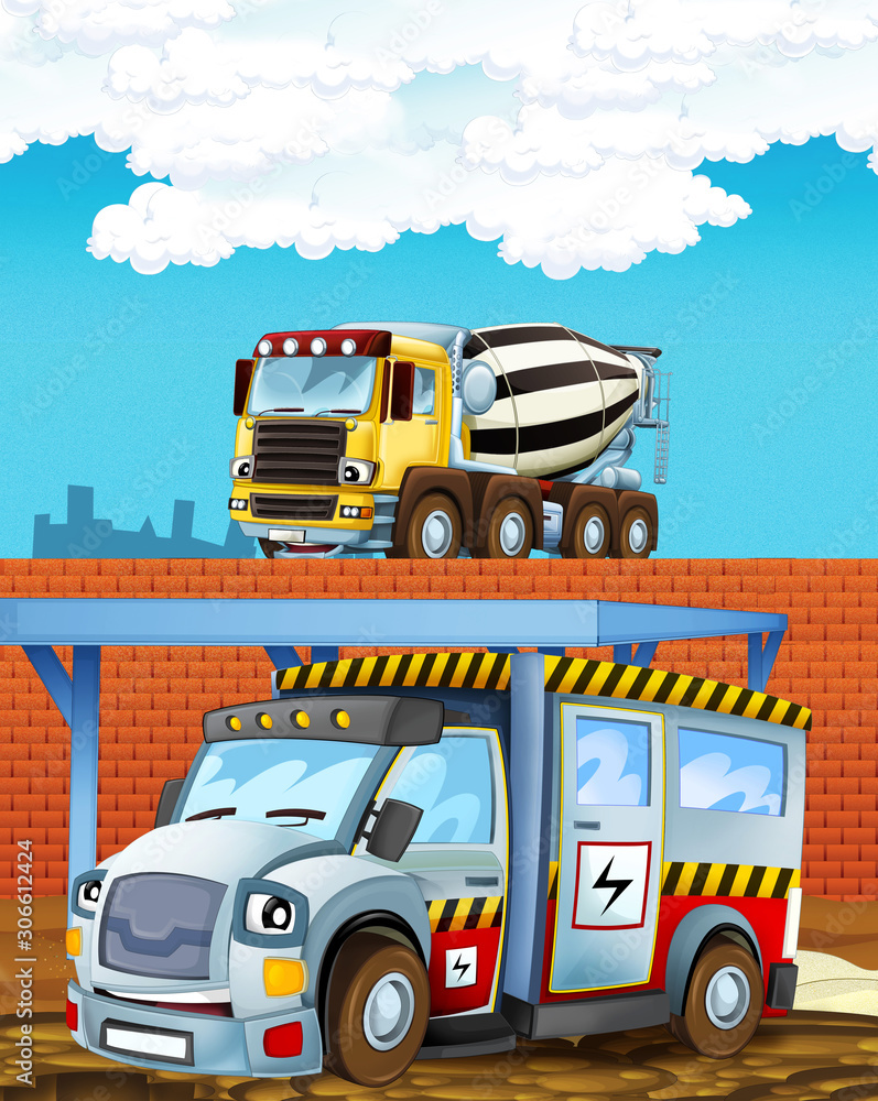 cartoon scene with some industry car and concrete mixer on construction site - illustration for children