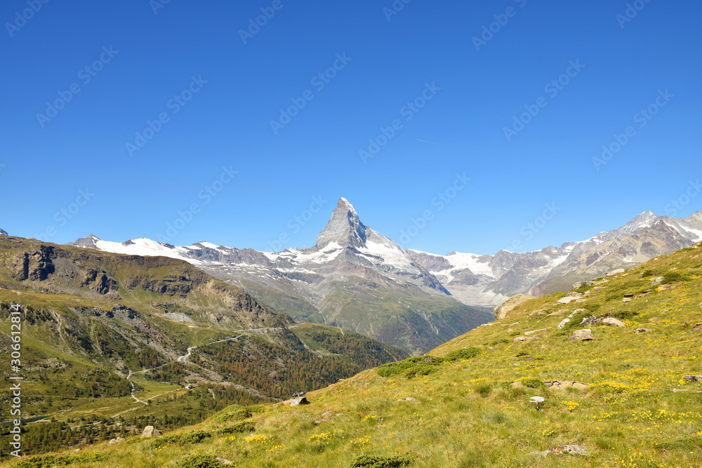 Gorgeous wide view of the Matterhorn with clear blue skies, Zermatt, Switzerland