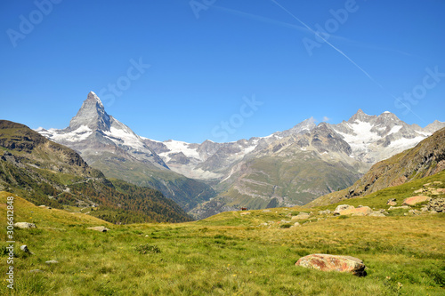 Gorgeous wide view of the Matterhorn and the surrounding Swiss Alps with clear blue skies, Zermatt, Switzerland