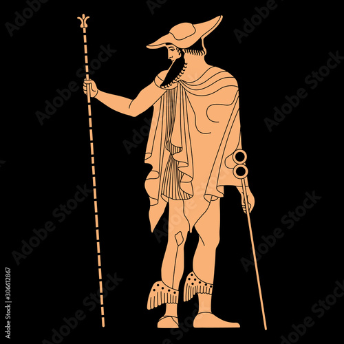 Standing ancient Greek god Hermes with caduceus. Vase painting style.