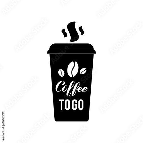 Coffee To Go lettering with coffee beans on take away cup. Easy to edit vector template for banner, typography poster, flyer, sticker, mug, card, t-shirt, etc.