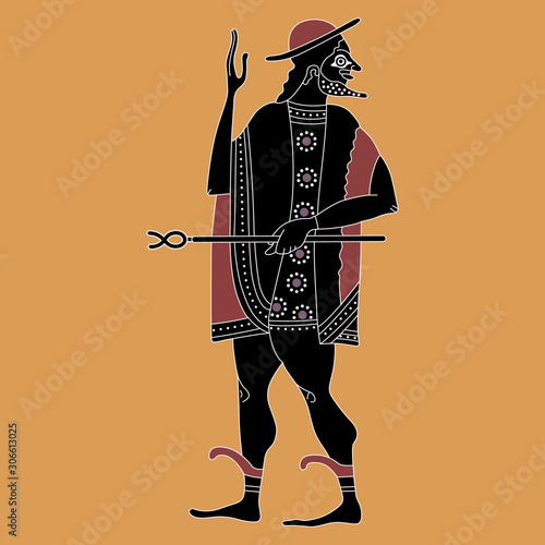 Standing ancient Greek god Hermes with caduceus. Vase painting style.