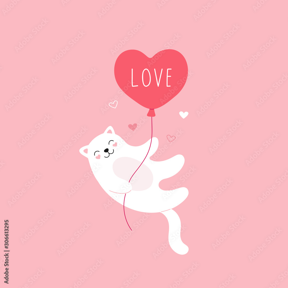 Cute white cat flies on balloon. Valentines day card, declaration of love. Cartoon vector illustration on a pink background. Cute white cat flies on balloon. Valentines day card, declaration of love. Cartoon vector illustration on a pink background.