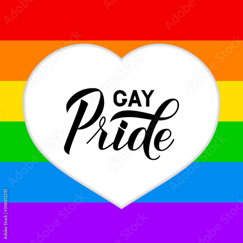 Gay Pride lettering in heart cut off rainbow background. Pride Day, Month, parade concept. LGBT community flag. Easy to edit vector template for banner, poster, t-shirot, flyer, sticker, badge.