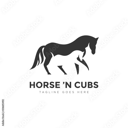 horse n cubs logo  with negative space mother and baby horse vector