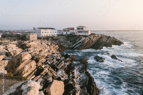 Sunset in the village on the cliffs Atlantic ocean Baleal island Portugal