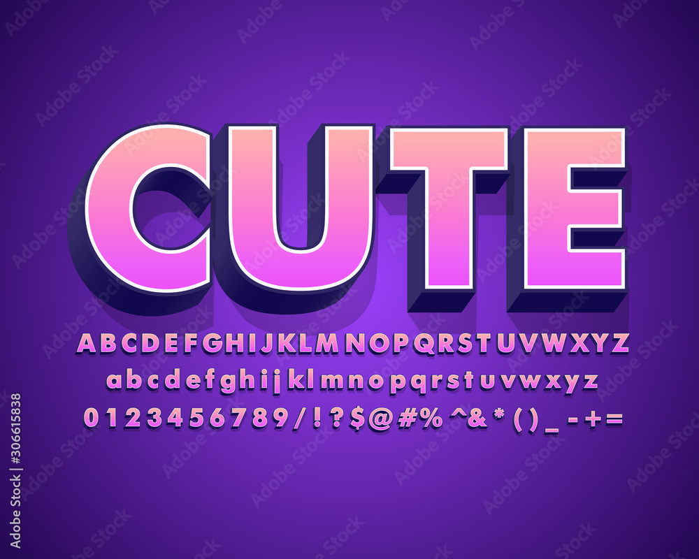 Obraz premium Cute alphabet, 3D bold text effect, modern typeface