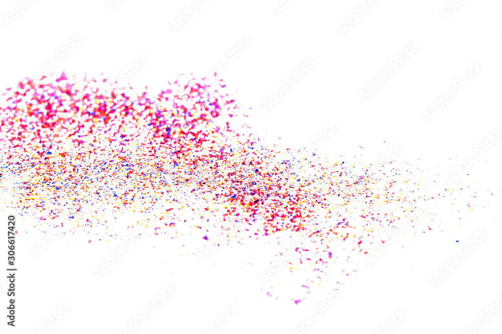 Red glitter powder splash or burst copy space isolated on white background