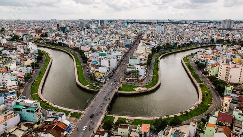 Trident shaped cityscape with traffic in Ho Chi Minh City, Vietnam time lapse photo