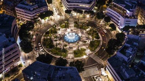 Big roundabout - Aerial hyperlapse - Dizengoff square in tel Aviv, Israel, at night, 4k drone view photo