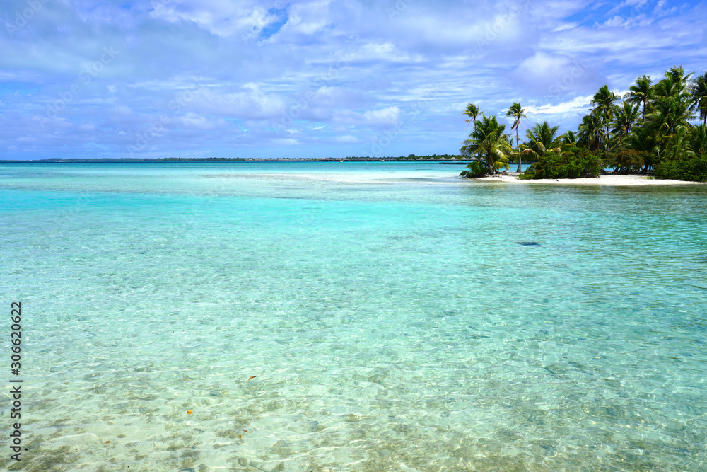 View of a tropical landscape with palm trees, white sand and the turquoise lagoon water in Bora Bora, French Polynesia, South Pacific