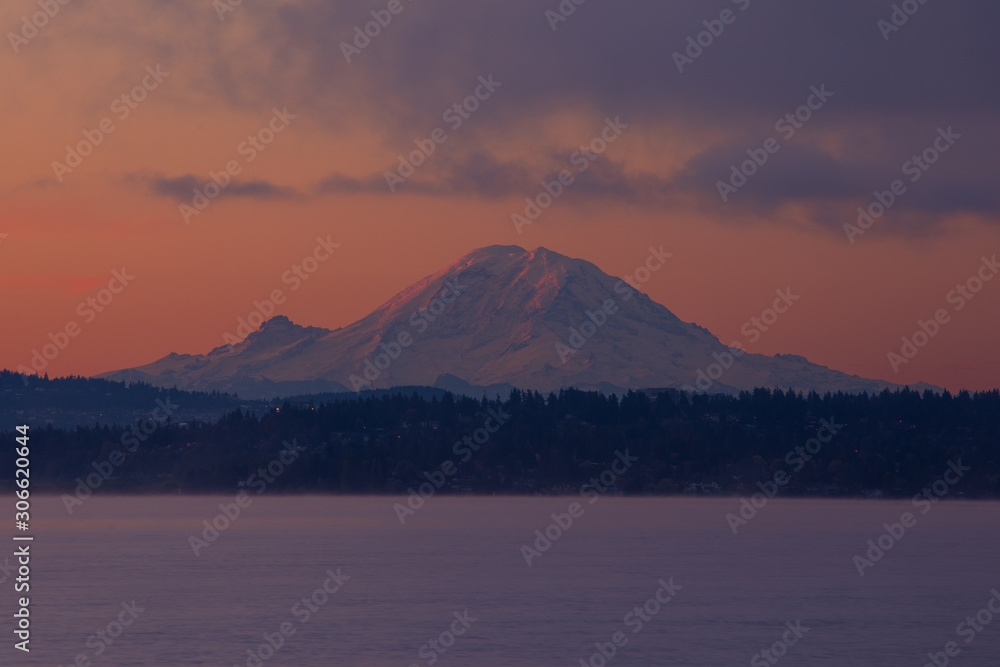 Boat and Mt Rainier at sunrise