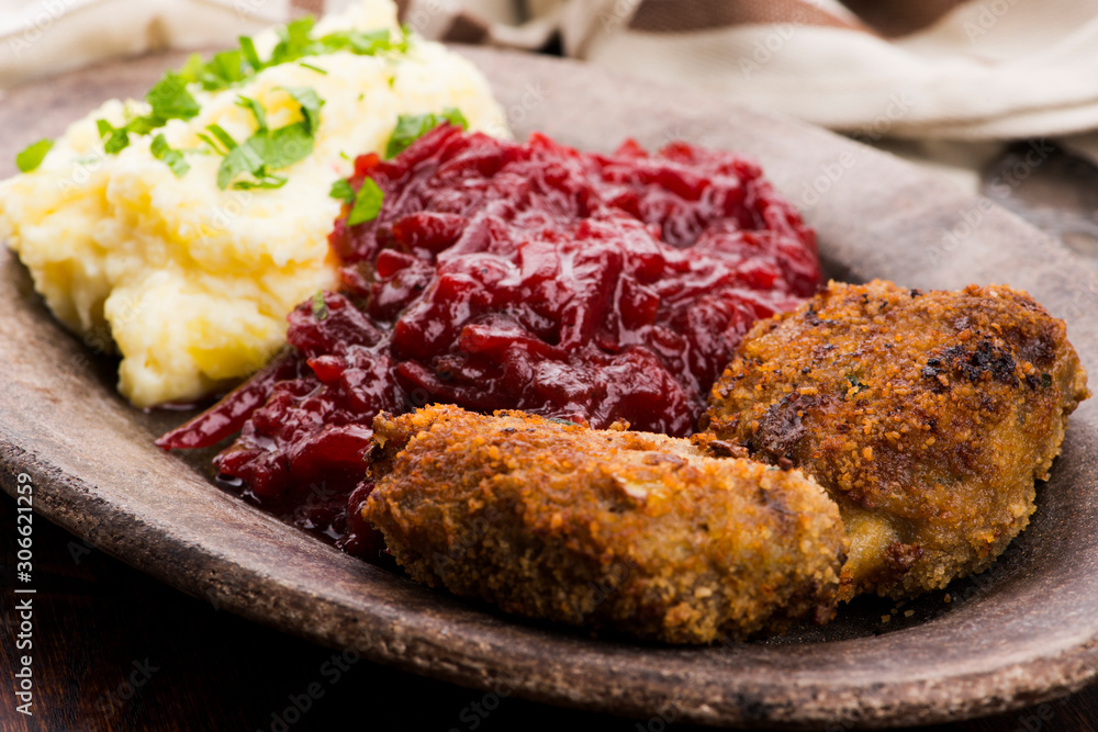 Prepared dinner on the plate. Melted meat, potatoes, beetroot Prepared dinner on the plate. Melted meat, potatoes, beetroot