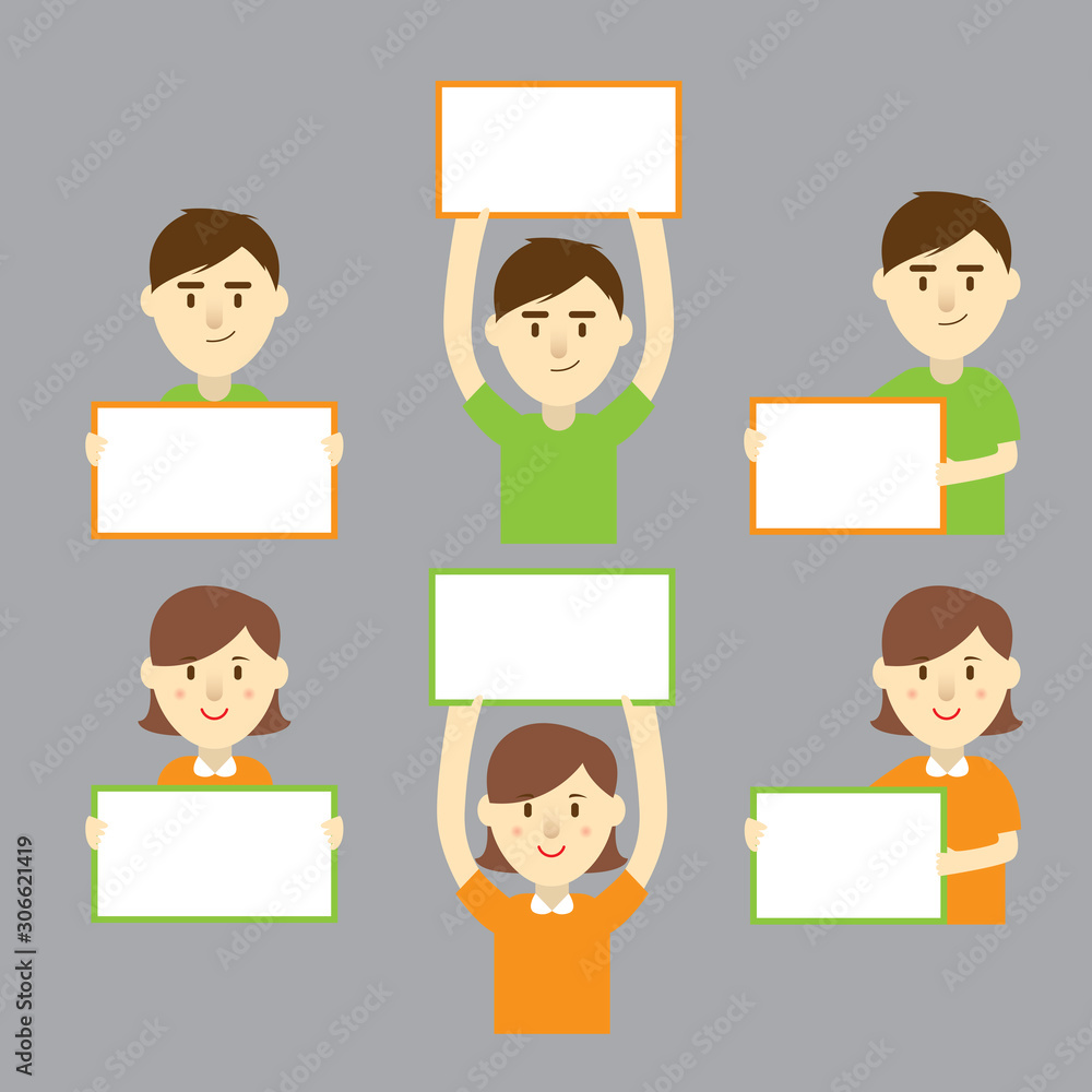 Man and woman show their empty banner for your wording. Man and woman show their empty banner for your wording.