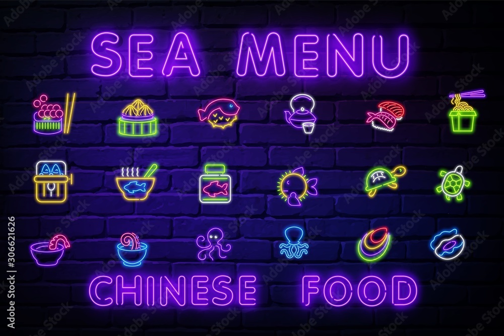 Sea menu neon icons set. Seafood collection neon signs. Bright signboard, light banner. Neon isolated icon, emblem, design tremplate. Vector Illustration