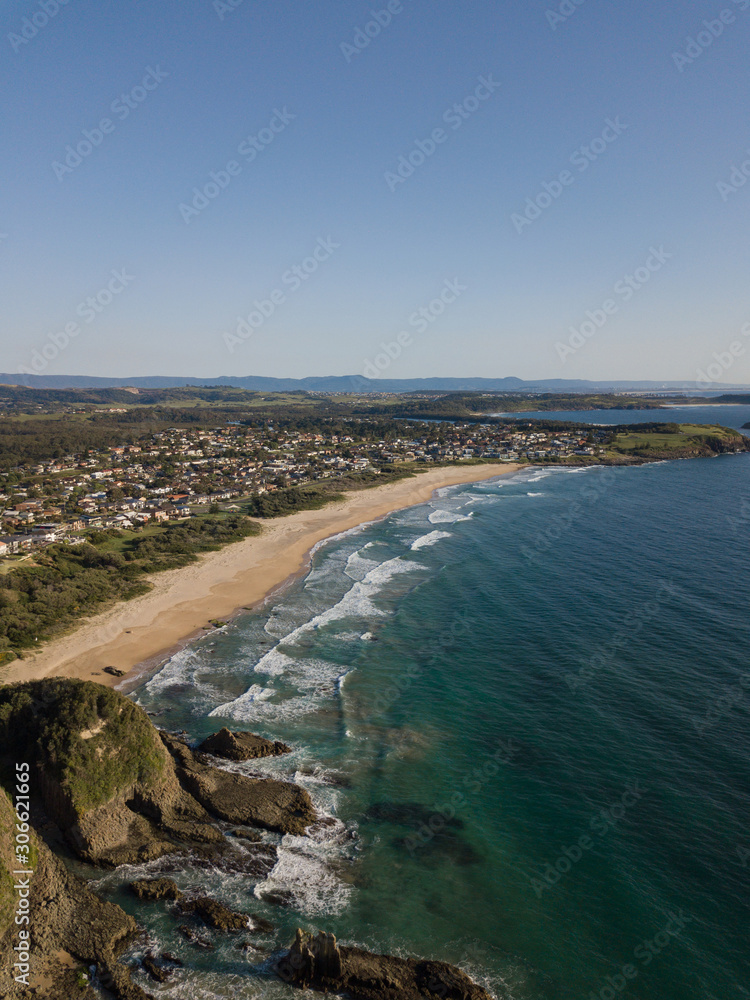 Aerial coastline view of Jones Beach at Kiama Downs, NSW, Australia.
